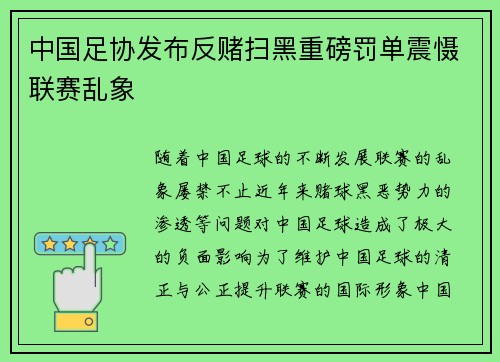 中国足协发布反赌扫黑重磅罚单震慑联赛乱象 中国足协发布反赌扫黑重磅罚单震慑联赛乱象