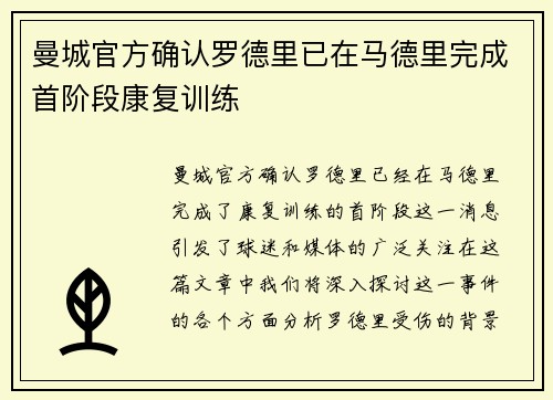 曼城官方确认罗德里已在马德里完成首阶段康复训练 曼城官方确认罗德里已在马德里完成首阶段康复训练